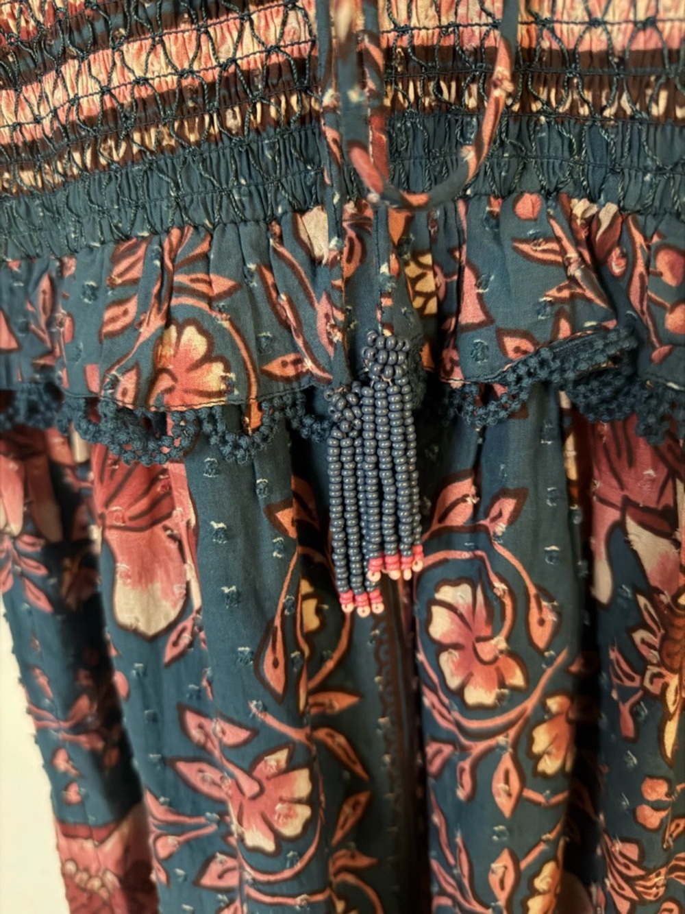 NWT FARM Rio Floral Scarf Print Midi Dress Smocked Tassel Tie Cottagecore XS - Picture 9 of 9